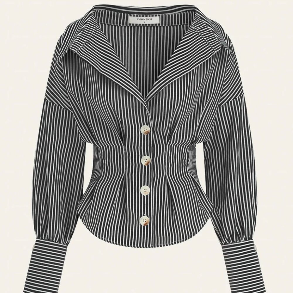 BRAND NEW NEVER USED Commense Striped Collared Shirt with Waist-Cinching Design